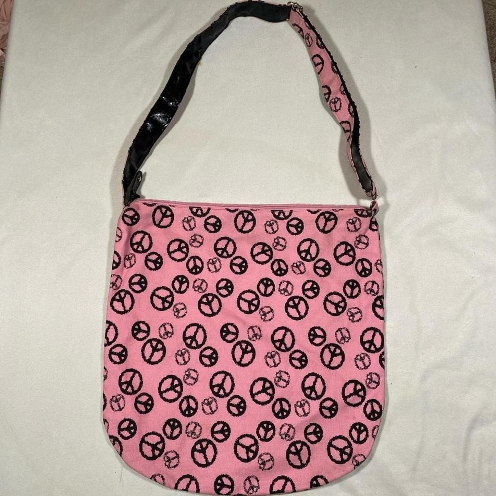 Express Pink Peace Sign Shoulder Bag Y2K Tote Glitter Graphic Logo Print Bag - Picture 3 of 5